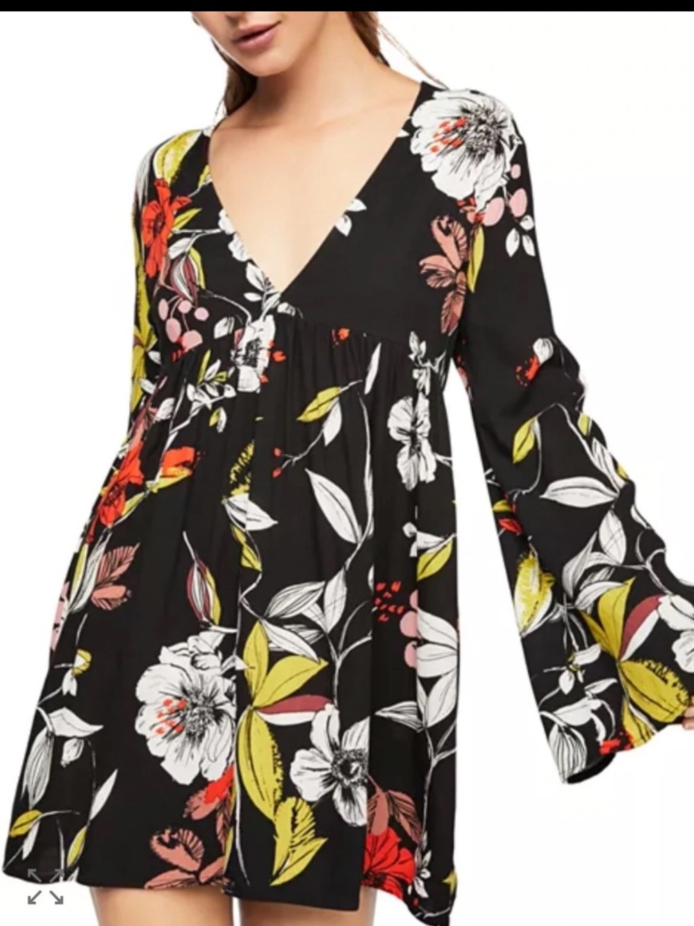 Free People L Bella Dark Floral Babydoll V Neck Bell Sleeve Tunic Top Mini Dress